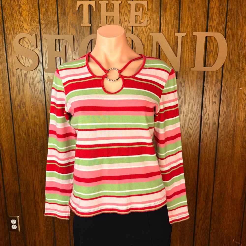 Pink Green Whimsical Y2K Top Cato Women M Striped Long Sleeve Twee Keyhole Ring